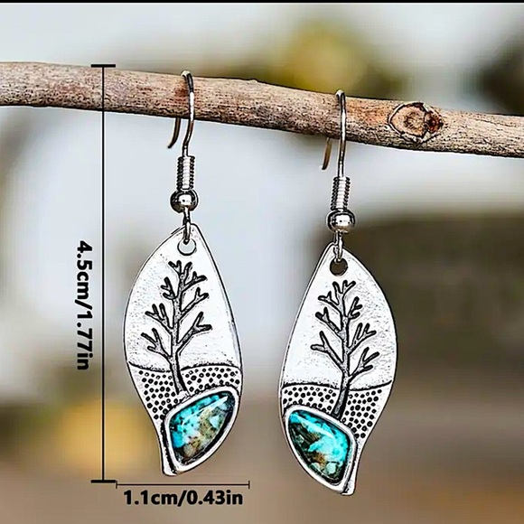 Silver Turquoise Leaf Tree Earrings Dangle - Picture 7 of 7